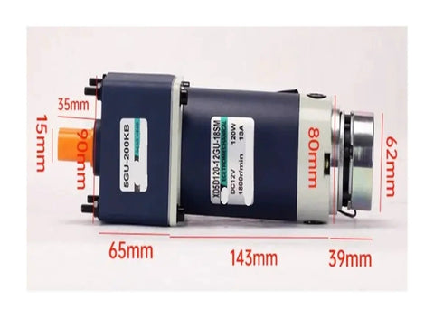 Side view of blue DC gear motor with brake; 120W, 12V/24V, metal brake housing.