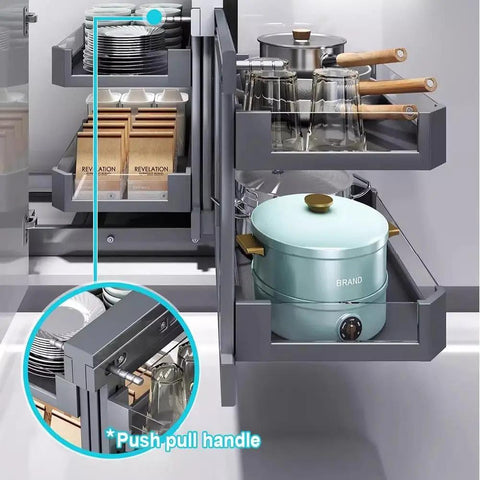 Blind Corner Cabinet Pull Out Organizer With Rotate Turntable Lazy Susan Full Extension Dish Rack Slide Out Pot And Pan Organizer