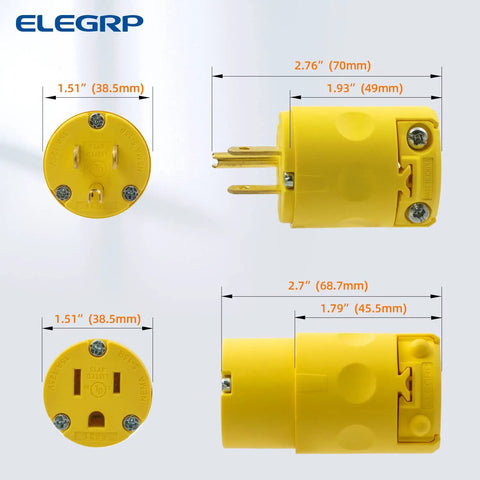 Electrical Plug And Receptacle Set 15 Amp 125 Volt NEMA 5 15P 5 15R grounding 2 pole 3 wire commercial grade yellow with dimensions.