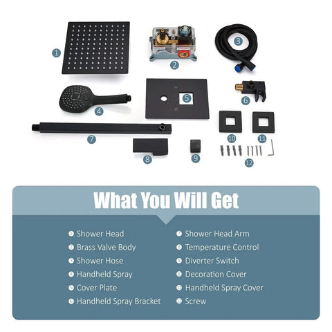 Matte Black Shower System With 12 Inch Rainfall Head And Handheld Spray Brass Construction 2 Function Overhead Rainfall And Hand Shower Single Handle Control Wall Mount Mixer Rough In Valve With Trim Included components displayed