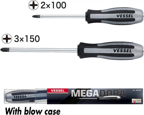 Two VESSEL screwdrivers with ergonomic grips, sizes 2x100 and 3x150, featuring a blow case, Mega DORA branding visible.
