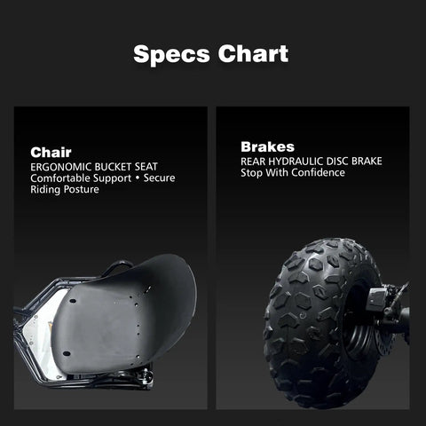 Specs chart showing ergonomic bucket seat and rear hydraulic disc brake on 212cc Gas Powered Go Kart With CVT Belt Drive And 420 Chain