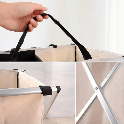 Close-up of Two Section Laundry Basket Hamper Foldable Waterproof Cloth Organizer With Aluminum X Frame and handles.