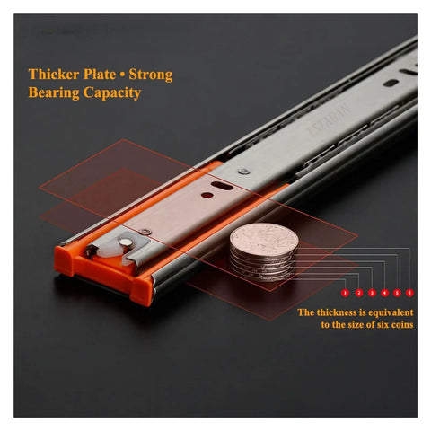 Soft Close Drawer Slides 3 Section 620mm Cold Rolled Steel Runners Pack Of 2 showing thickness comparison with coins