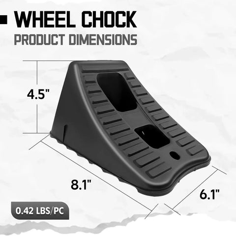 4 Pack Wheel Chocks For Travel Trailers And RVs, Non Slip Stackable And Lightweight Wheel Stoppers, dimensions shown, black