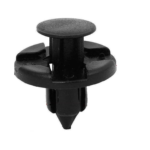 Close-up of black nylon push type clip, part of 100 Pack Nylon Fender Trim Panel Bumper Shield Retainer Fasteners for 8mm Hole Fit Nissan Infiniti