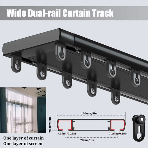 Ceiling Mounted Double Curtain Track System In Aluminum, White Finish, Silent Rails, 2.4m Length (7.9ft), Heavy-Duty Glide For Thick Curtain Panels Up To 88lbs, black dual-rail with hooks