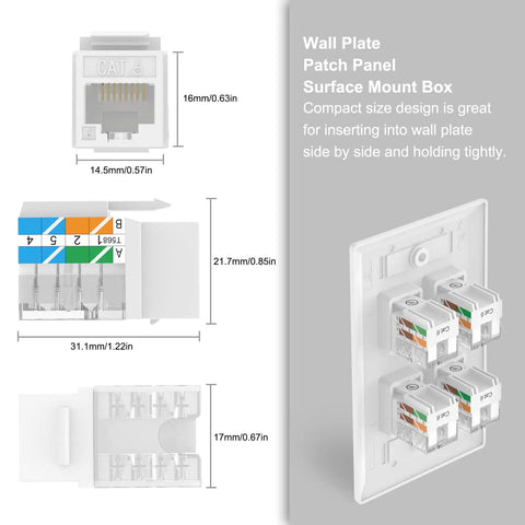 High Speed 10Gbps Cat6 Keystone Jack Insert 25 Pack For Patch Panels And Wall Plates with dimensions and installation.