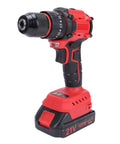 Reliable Cordless Drill Featuring A Brushless Motor And Twin Batteries For No Sweat Drilling 25 Plus One Torque Settings At 1500 RPM, red design angled view.