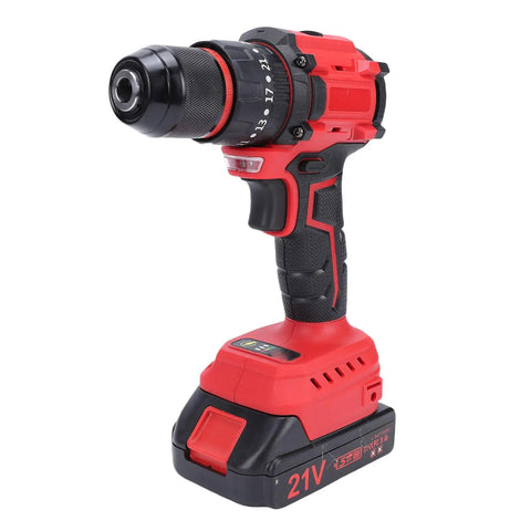 Reliable Cordless Drill Featuring A Brushless Motor And Twin Batteries For No Sweat Drilling 25 Plus One Torque Settings At 1500 RPM, red design angled view.