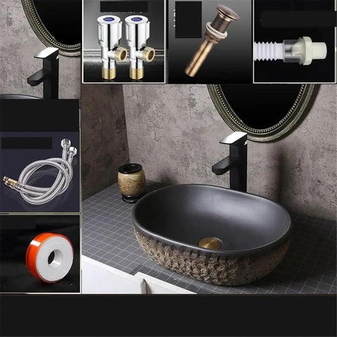 USZWBY Imitation Stone Ceramic Vessel Sink Small Wash Basin for Outdoor Pool Home Bathroom Modern Countertop Art Design with faucet and accessories.