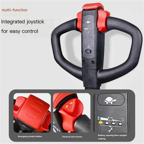Heavy Duty Electric Pallet Jack With 3300 Lb Capacity And Fast Charging Lithium Battery joystick control panel with emergency brake button.