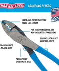Close-up of 9.5 inch wire crimping tool for insulated and non-insulated terminals, center cut pliers, blue comfort grips, 10-22 AWG.
