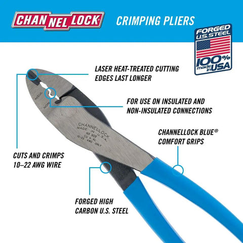 Close-up of 9.5 inch wire crimping tool for insulated and non-insulated terminals, center cut pliers, blue comfort grips, 10-22 AWG.