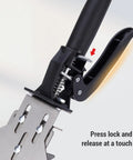 Close-up of Pro Grade Heavy Duty Stainless Steel Right Angle Clamp with quick fix press handle for woodworking.