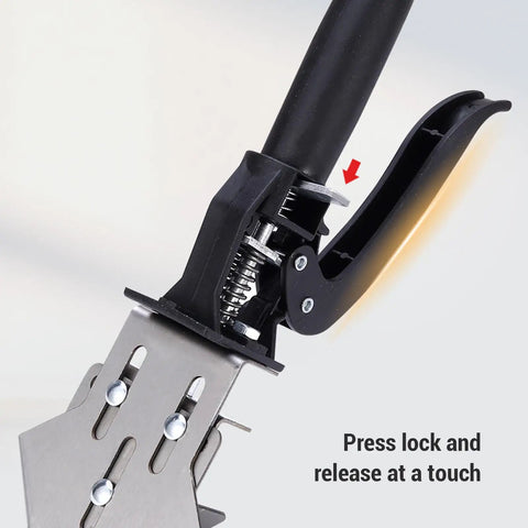 Close-up of Pro Grade Heavy Duty Stainless Steel Right Angle Clamp with quick fix press handle for woodworking.