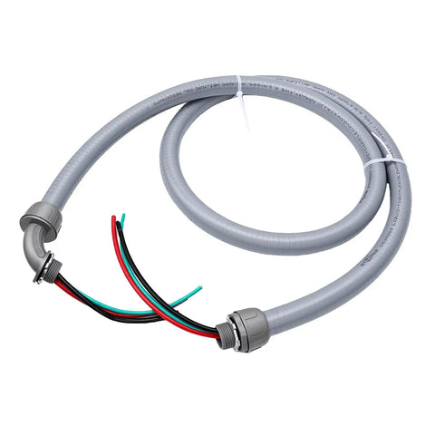Heavy Duty Liquid Tight Flexible Conduit AC Whip Kit 3/4 Inch X 6 Foot showing flexible gray PVC tubing with pre-terminated wires.