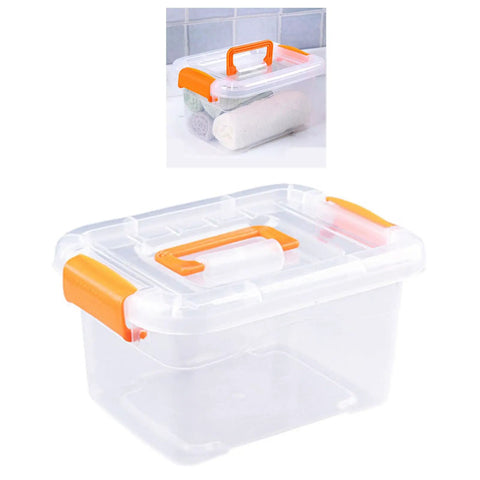 Truly Heavy Duty Clear Plastic Storage Bin With Snug Latching Lid Game Changer For Decluttering Every Room, 21L with orange handle.