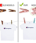 Comparison of old models and No Mess Plastic Clothes Pins 48 Pack Heavy Duty Workhorse Colored Laundry Clips on a shirt.