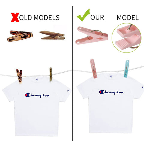Comparison of old models and No Mess Plastic Clothes Pins 48 Pack Heavy Duty Workhorse Colored Laundry Clips on a shirt.