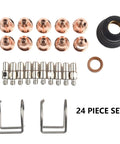 Top Pick Plasma Cutter Consumables Kit With Extra Electrodes Nozzles And Swirl Rings For S30 S35 Cut45 Machines Plus Spring Guide display of 24 piece set includes copper tips and steel parts.