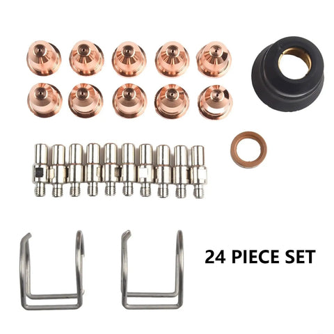 Top Pick Plasma Cutter Consumables Kit With Extra Electrodes Nozzles And Swirl Rings For S30 S35 Cut45 Machines Plus Spring Guide display of 24 piece set includes copper tips and steel parts.