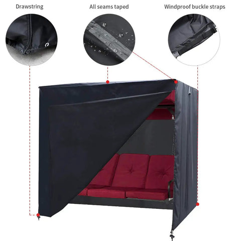 All Weather Yard Saver Swing Cover For Three Seaters And Garden Hammocks in use, showcasing drawstring, taped seams, and buckle straps.