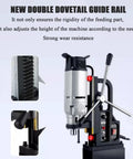 Close-up of 1200W Magnetic Drill Press With 0.9 Inch Boring Diameter And 2900 Lbf Electromagnet Hold, showcasing double dovetail guide rail.