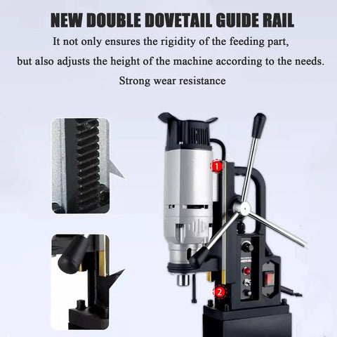 Close-up of 1200W Magnetic Drill Press With 0.9 Inch Boring Diameter And 2900 Lbf Electromagnet Hold, showcasing double dovetail guide rail.