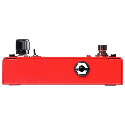 Compact Drop Tune Pedal With Polyphonic Pitch Shift 1 To 7 Semitones Down Octave Down Option Momentary And Latch Switching True Bypass Includes Power Supply And Patch Cable For Guitar, red metal side view