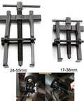 Two Jaw Twin Leg Gear Puller Bearing Removal Tool Kit With Screw Lock And Adjustable Arms For 17-38mm Bearings, Easy Safe Bearing Extraction For Mechanics And DIYers displayed in front and installed views