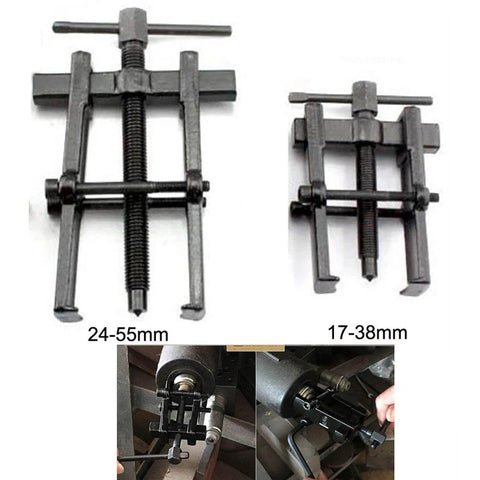 Two Jaw Twin Leg Gear Puller Bearing Removal Tool Kit With Screw Lock And Adjustable Arms For 17-38mm Bearings, Easy Safe Bearing Extraction For Mechanics And DIYers displayed in front and installed views