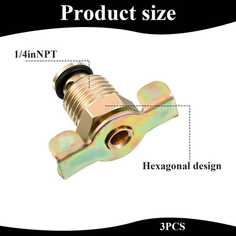 Three Pack Brass Air Compressor Drain Valve With Wing Nut Handle One Quarter Inch NPT Inlet Tank Drain Cock Hexagonal Design