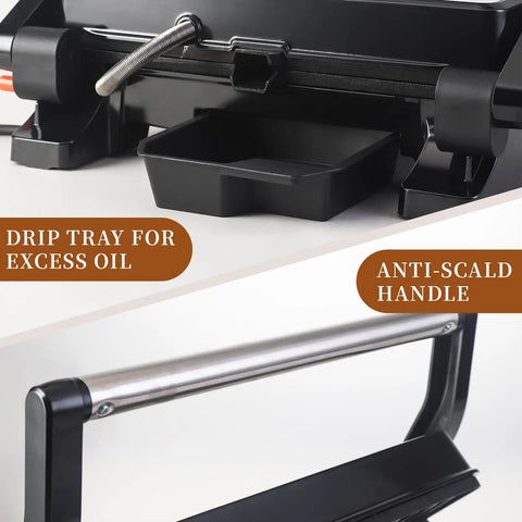 Drip tray and anti-scald handle of Big Panini Press Grill Sandwich Maker 3 In 1 Opens Flat To 180 Degrees For Versatile Cooking.