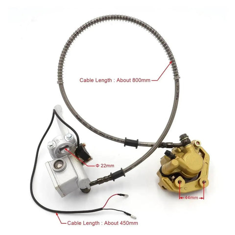 Z50R Hydraulic Front Brake Caliper Disc Kit For Monkey 50cc Bikes with cables and dimensions shown