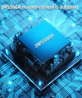 Close-up of JMS586R master control chip on circuit board, showcasing advanced technology for Rock Solid Dual Bay M.2 NVMe SSD RAID Enclosure.