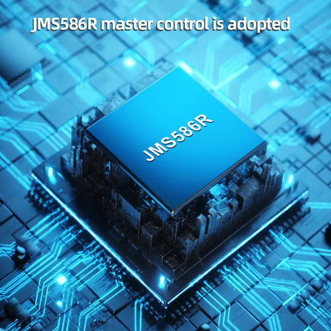 Close-up of JMS586R master control chip on circuit board, showcasing advanced technology for Rock Solid Dual Bay M.2 NVMe SSD RAID Enclosure.