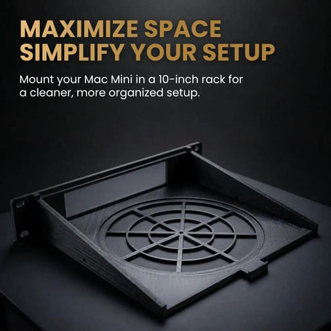 Slick Half Width Mac Mini Rack Mount For 10 Inch Server Cabinet Secure Screw In Bracket on a dark surface, showcasing compact design.