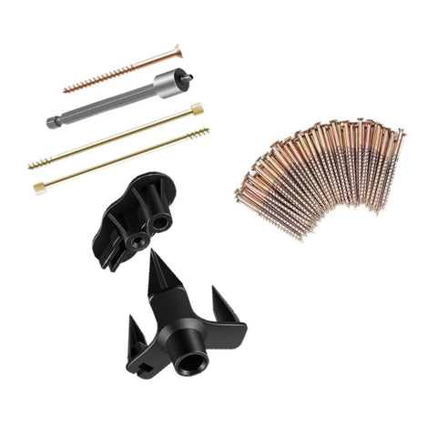 Floor Squeak Fix Kit With 5 Tools And 50 Notch Screws For Squeaky Hardwood Floors Under Carpet shown with tools and screws.