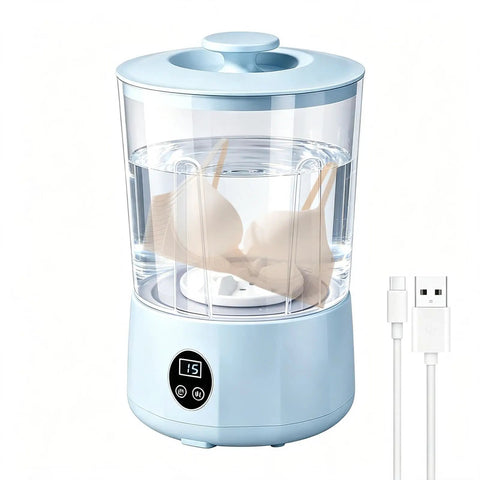 Rad Cordless Mini Washing Machine With 3 Speeds Built For Dirty Underwear Fix Travel Woes With Easy Laundry Setup In Dorms Or Tents, showing a blue portable washer with lingerie.