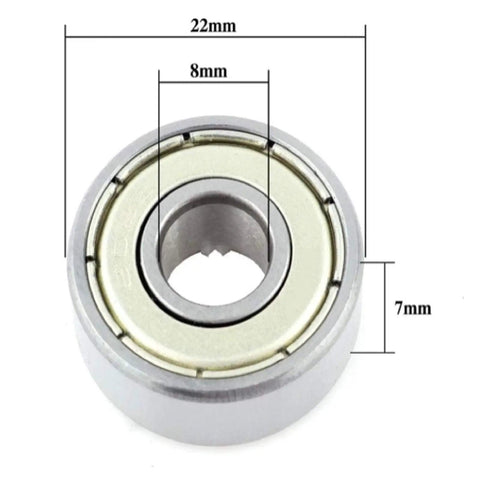 608z Sealed Deep Groove Ball Bearings 8x22x7mm with dimensions labeled for inner and outer diameter, durable carbon steel, close-up view
