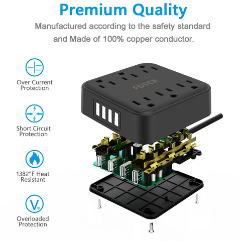 Exploded view of 2 Prong To 3 Prong Outlet Adapter With 4 USB Ports And 6 AC Outlets Desktop Charging Hub Power Hub For Your Desk
