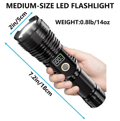 Medium-size Beast Bright Rechargeable Flashlight With 100,000 Lumens LED, zoomable torch with LCD display held in hand.