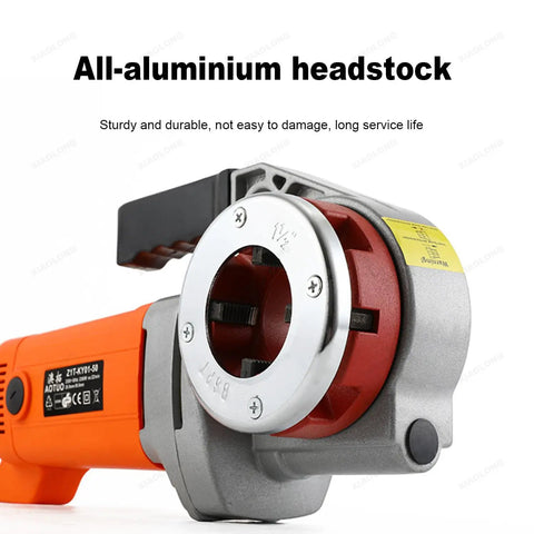 Heavy Duty Electric Pipe Threader Featuring All Copper Motor And Six Quick Change Heads For Knuckling Out Crisp Threads On Galvanized Iron And Pp Pipe With Zero Vibration Or Drama close-up of all-aluminium headstock showing durable features.