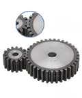 Beefy Steel Motor Pinion And Spur Gear Set For Heavy Duty Machines Two Point Five M Modulus Ten To Twenty Five Tooth Options Cylindrical Pinion With Seven Point Eight Five Millimeter Pitch And Five Point Six Two Five Millimeter Depth Screw Included displayed at a slight angle.