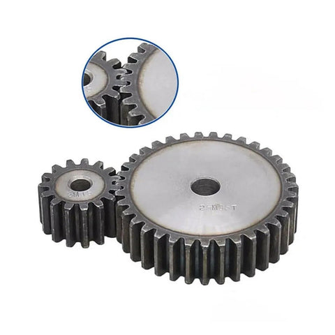 Beefy Steel Motor Pinion And Spur Gear Set For Heavy Duty Machines Two Point Five M Modulus Ten To Twenty Five Tooth Options Cylindrical Pinion With Seven Point Eight Five Millimeter Pitch And Five Point Six Two Five Millimeter Depth Screw Included displayed at a slight angle.