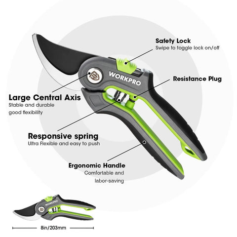 Side view of 8 Inch Bypass Pruning Shears With Sharp SK5 Steel Blades For Smooth Pro Grade Cuts, Rust Resistant Garden Pruner showing features.