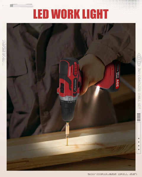 Person using 20V Max Cordless Drill Kit with Battery and Charger, Variable Speed 19-Position Clutch, 3/8-Inch Keyless Chuck in dim light.