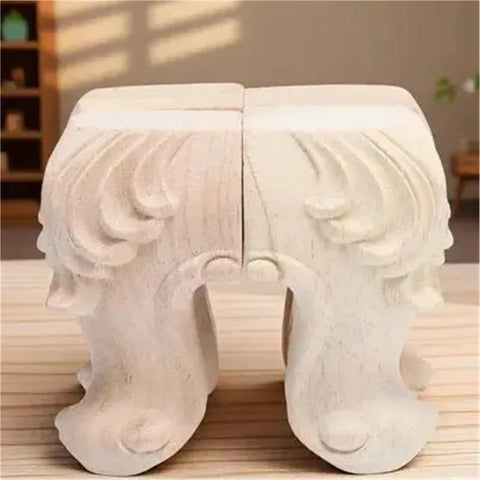 4 Pcs Solid Wood Furniture Legs With Rose Carved Design, heavy duty sofa table feet viewed from front on wooden surface