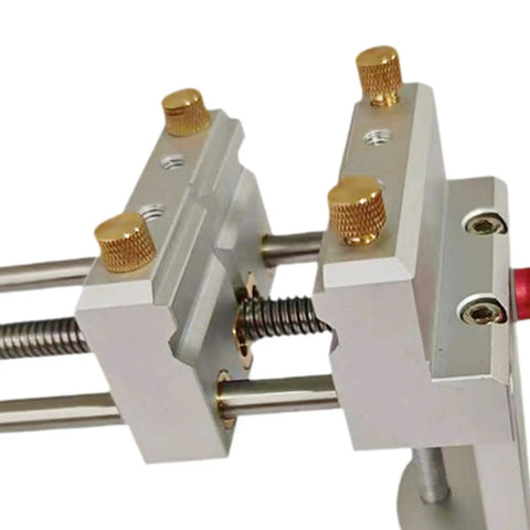 Close-up of Compact Bench Vise for Home Workshop with 360 Degree Rotating Base, showing aluminum alloy clamp.